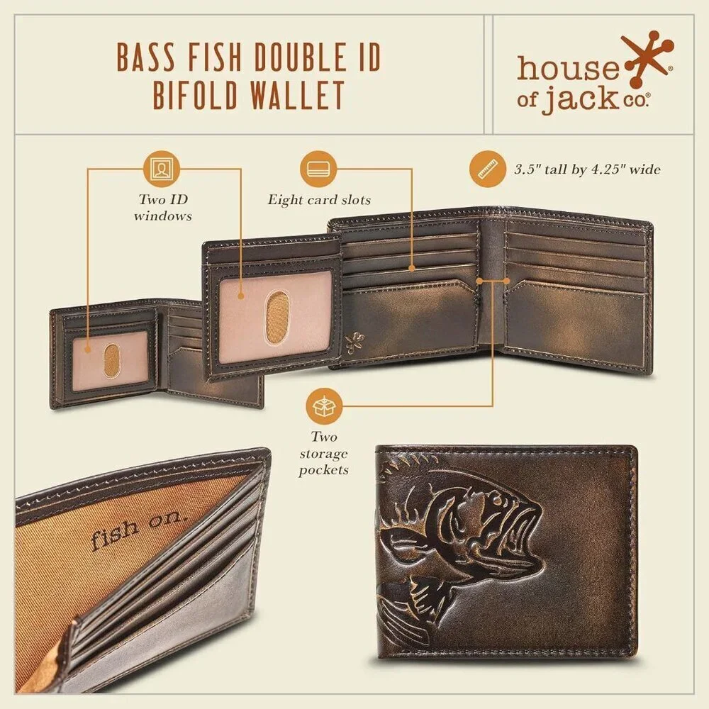 Men's Bass Double Id Bifold Black Grain premium Leather Fishing Wallet Card